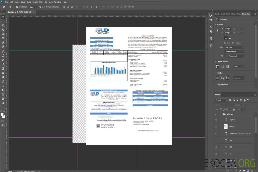 Facture commerciale de services publics du district de services publics de Fallbrook, SCR template